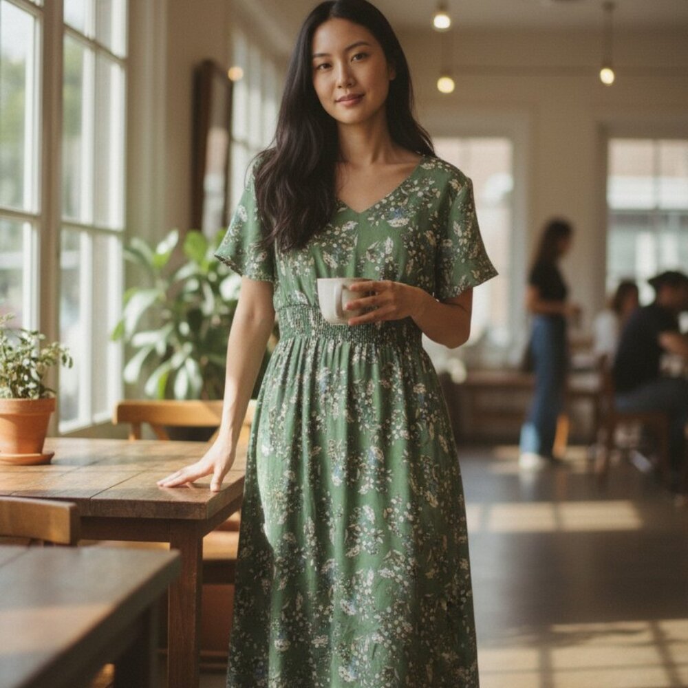 Gardenwed Women's Floral Dress M Green 100% Polyester